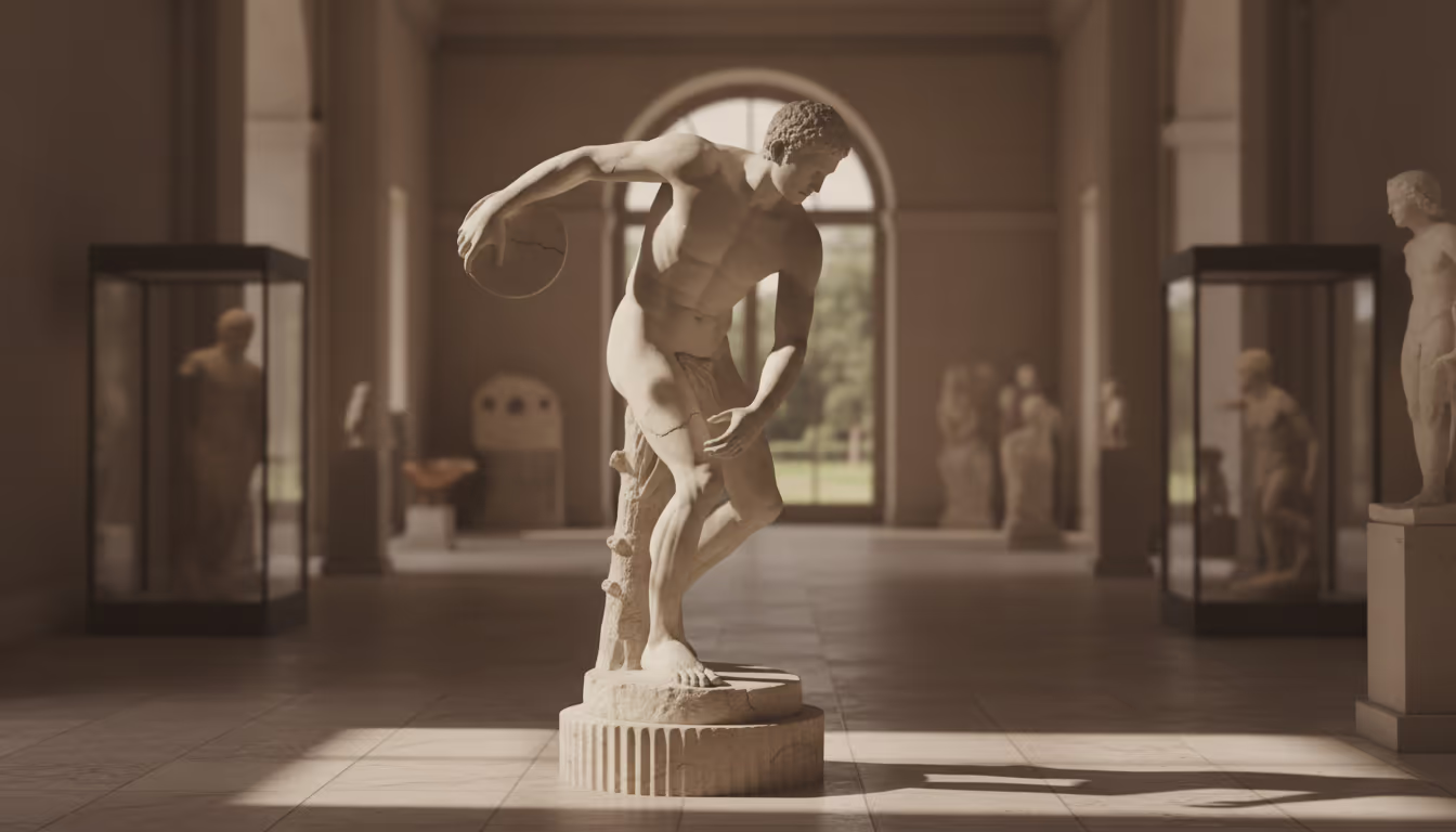 Classical Greek marble statue in heroic athletic pose — idealized physique, museum pedestal, dramatic side lighting