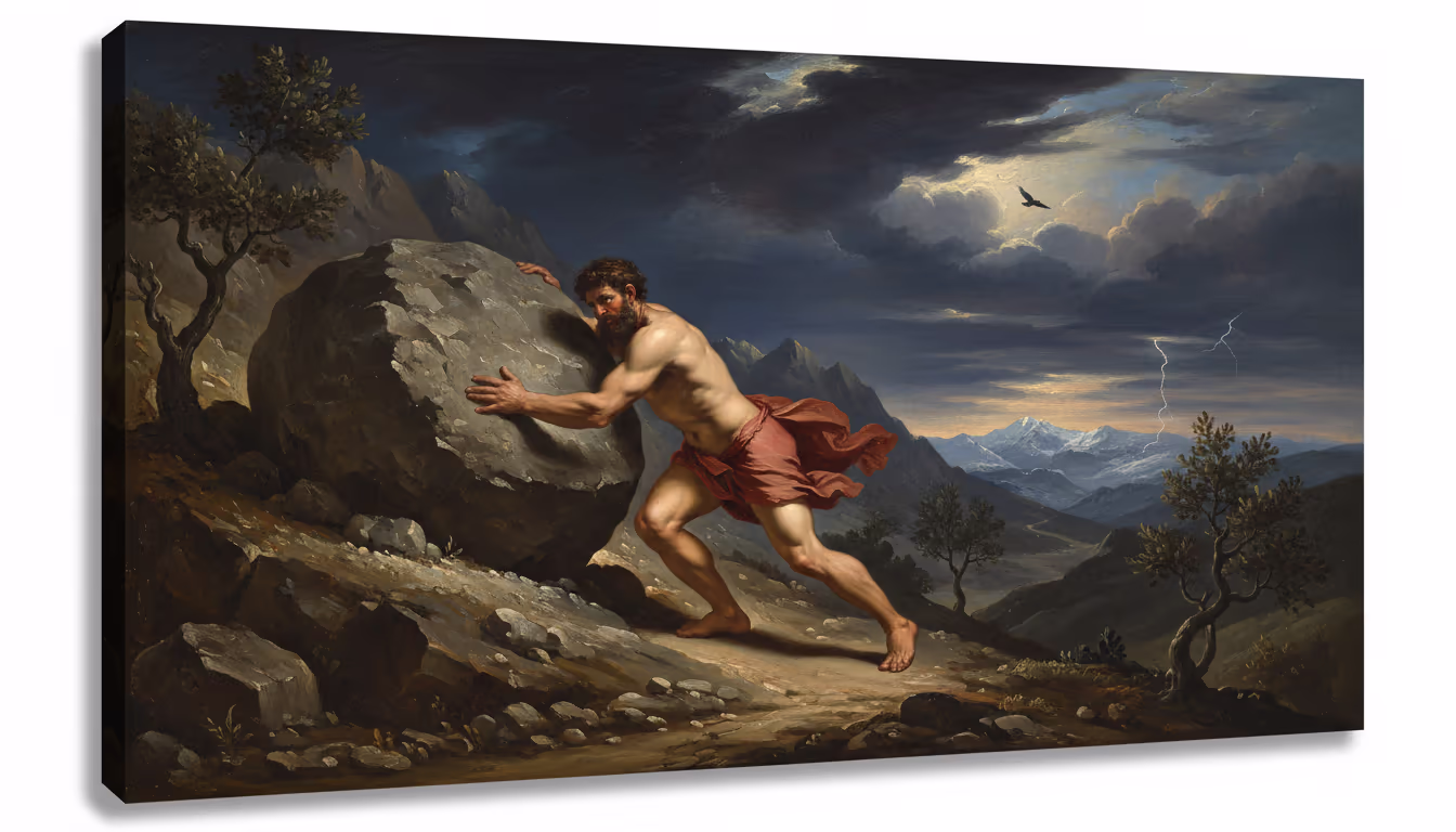 Sisyphus pushing his boulder uphill — classical art style, muscular figure, endless mountainside, eternal effort