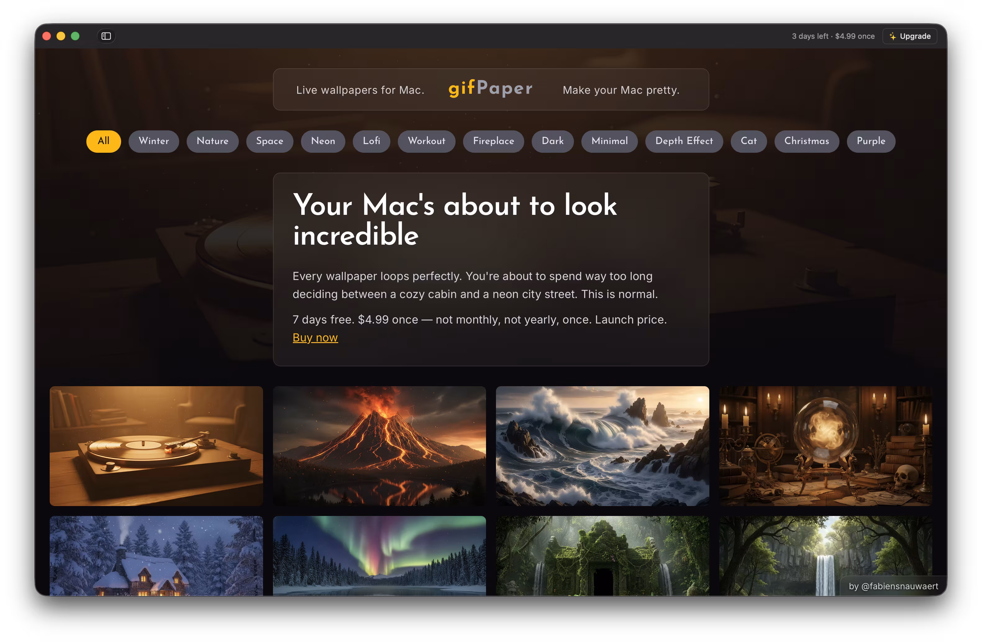 Hover to preview. Click to set. The gallery shows you exactly what you're getting.