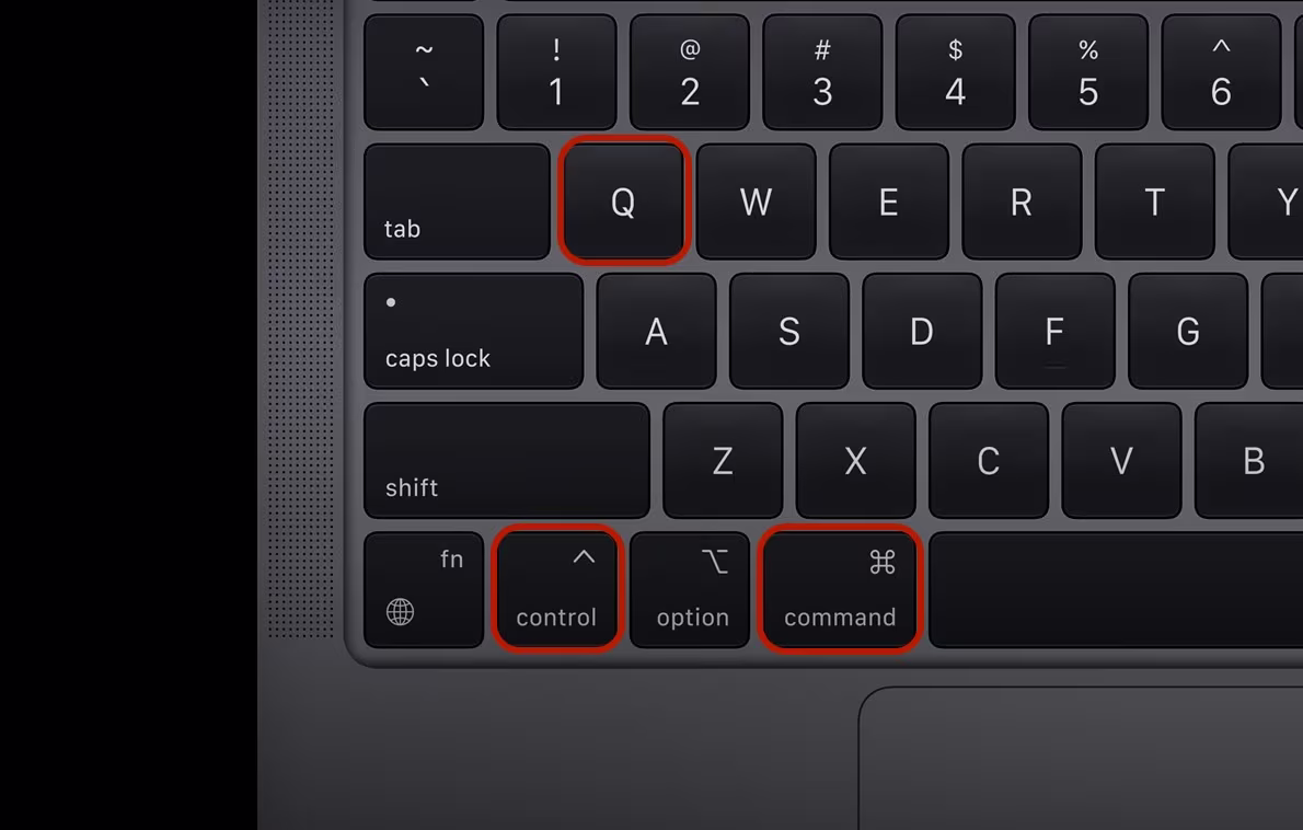 The Control, Command, and Q keys on a Mac keyboard