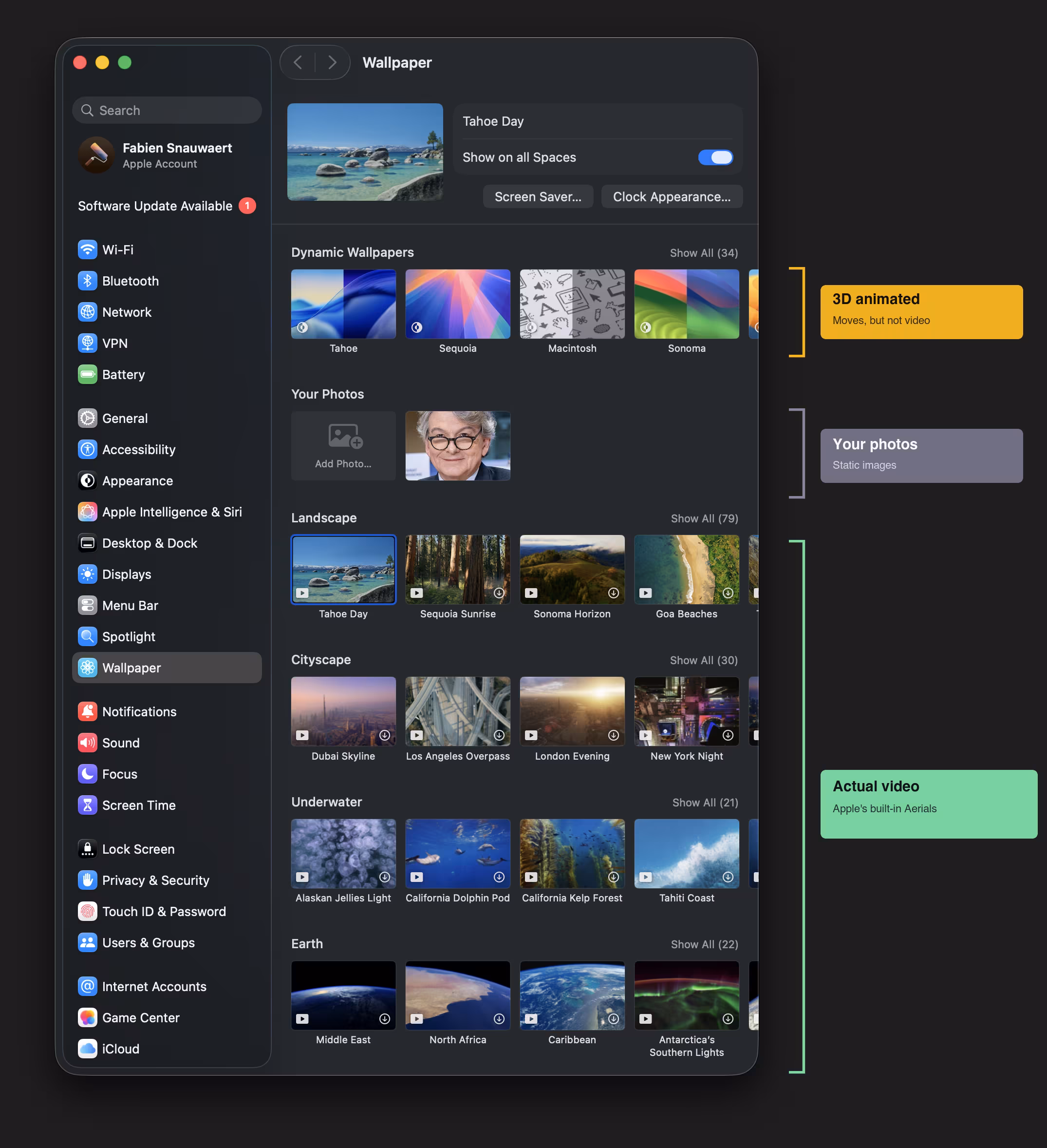 Apple's Wallpaper settings. More options than you'd think — fewer than you'd want.