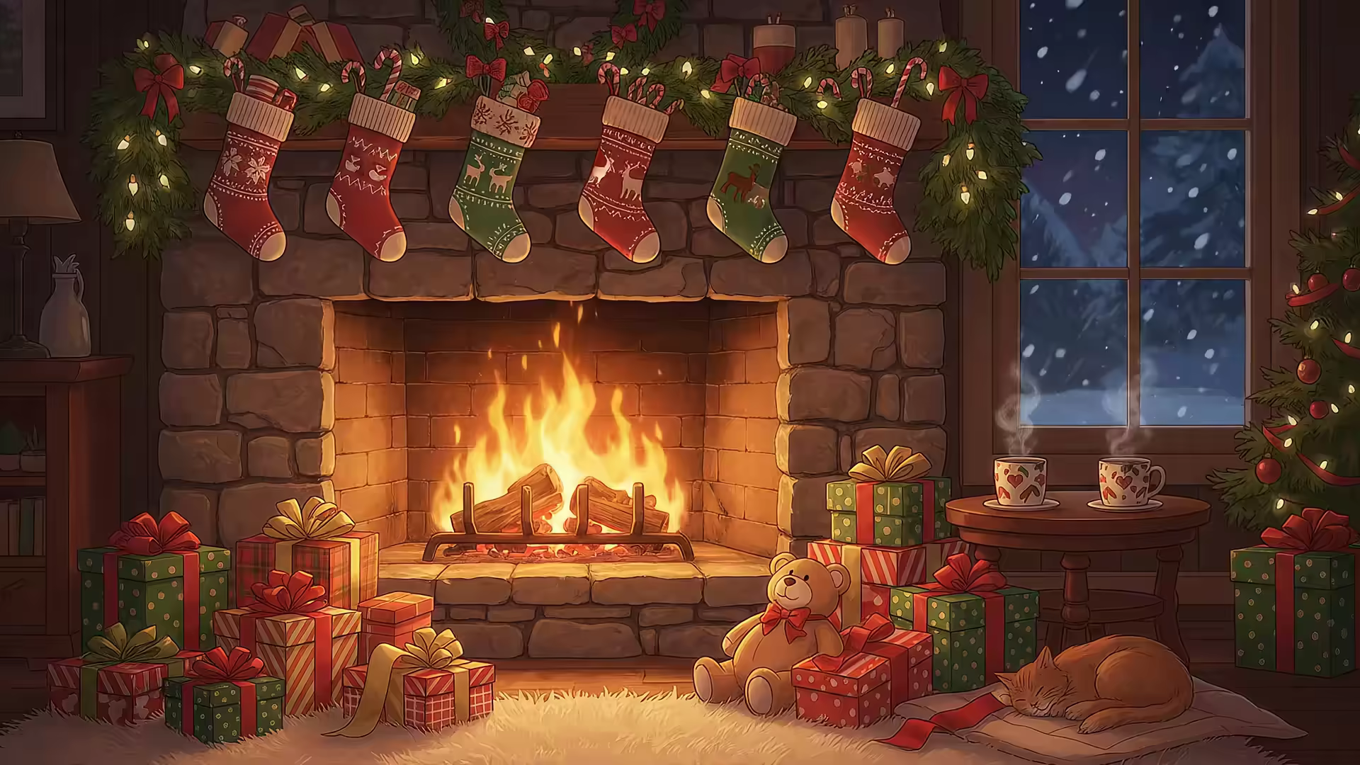 Christmas Fireplace Cat Stockings 4K Gif Wallpaper
