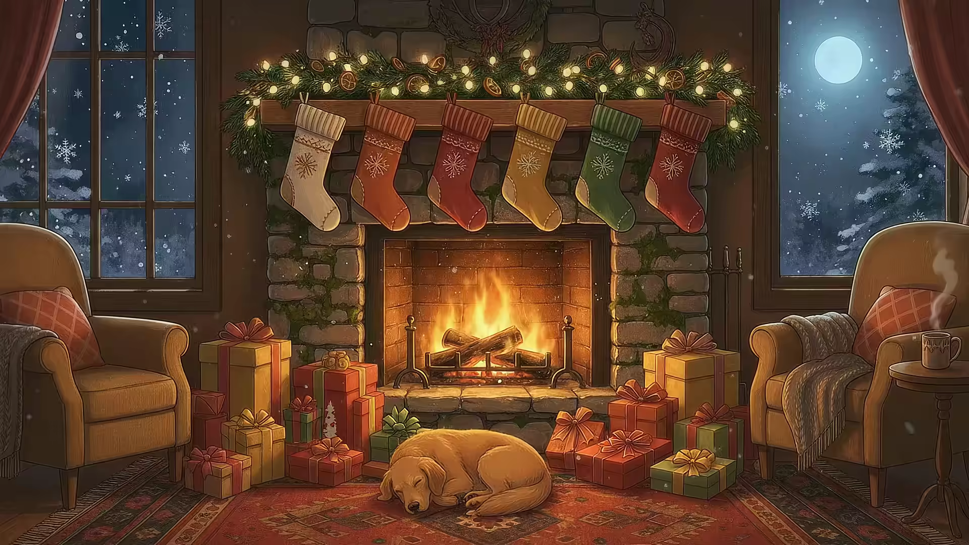 Christmas Fireplace Golden Retriever 4K Gif Wallpaper