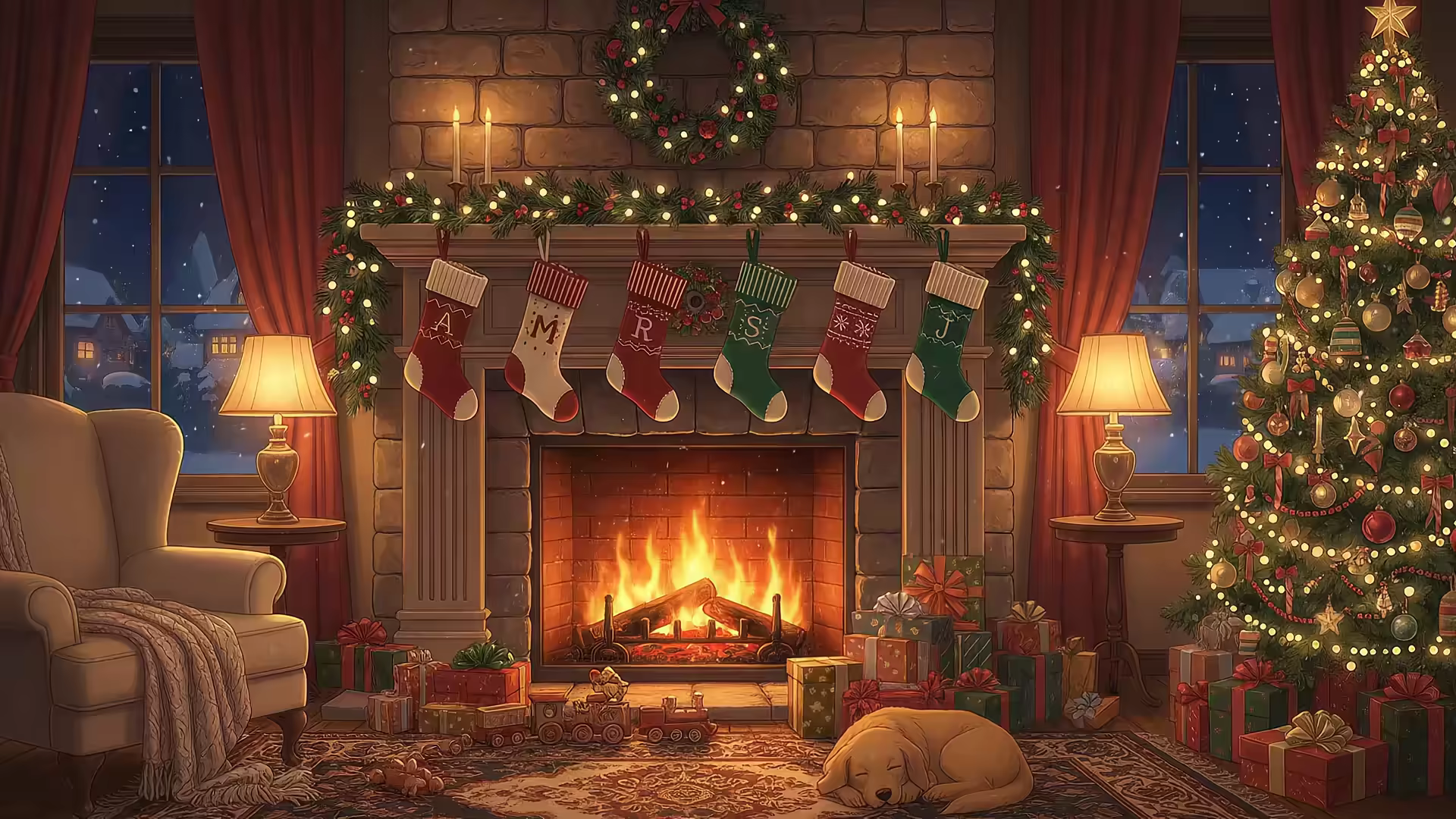 Christmas Fireplace Sleeping Dog 4K Gif Wallpaper
