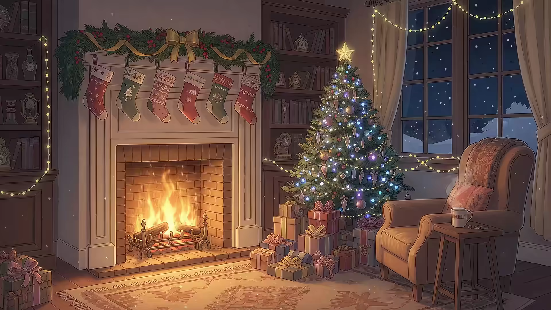 Christmas Fireplace Tree Bookshelf 4K Gif Wallpaper