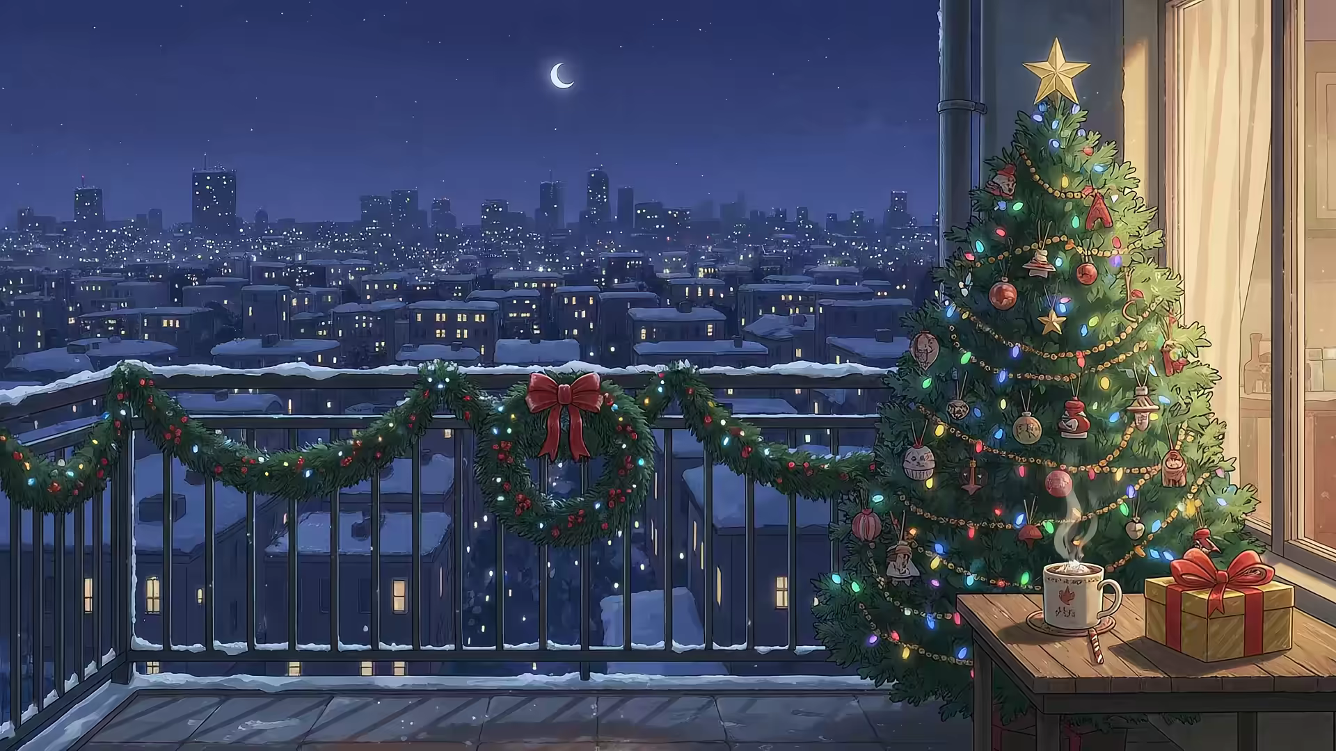 Christmas Tree Balcony City View 4K Gif Wallpaper