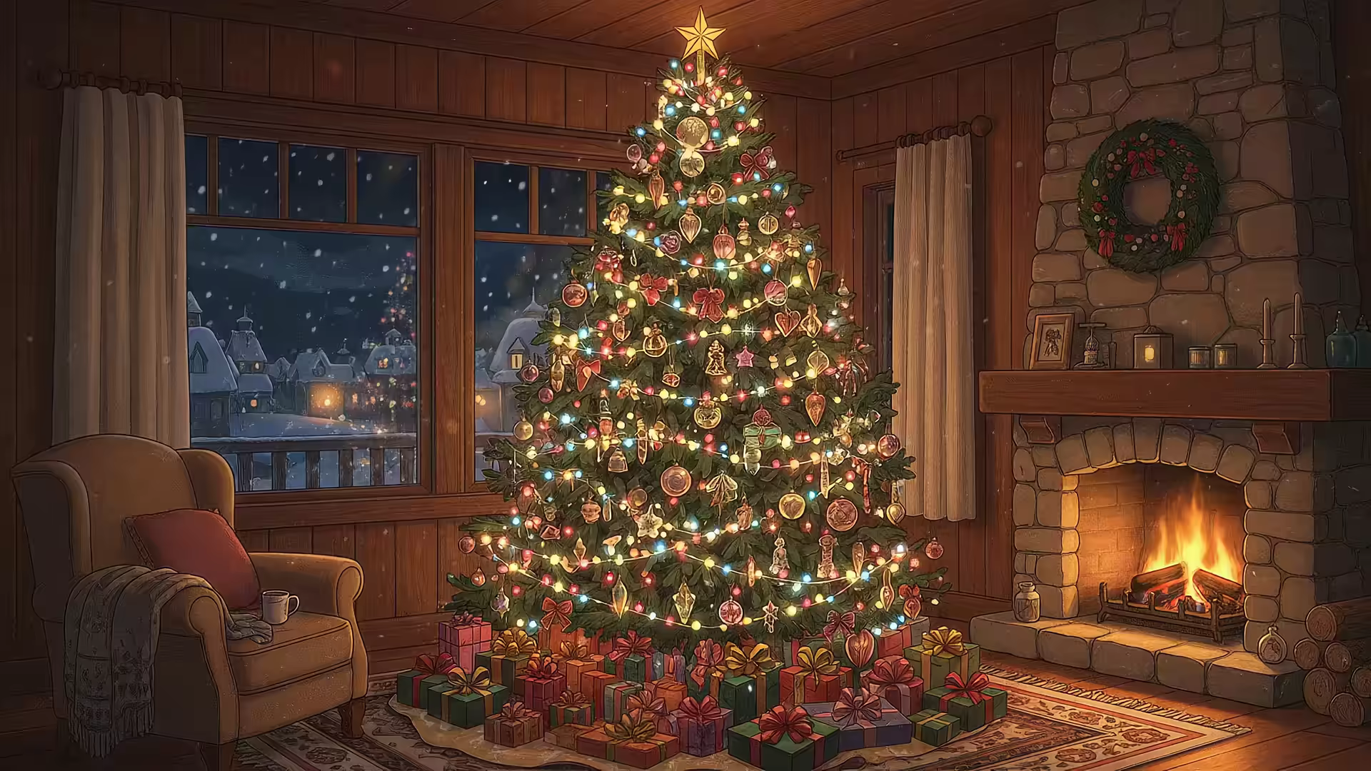 Cozy Cabin Christmas Tree Fireplace 4K Gif Wallpaper