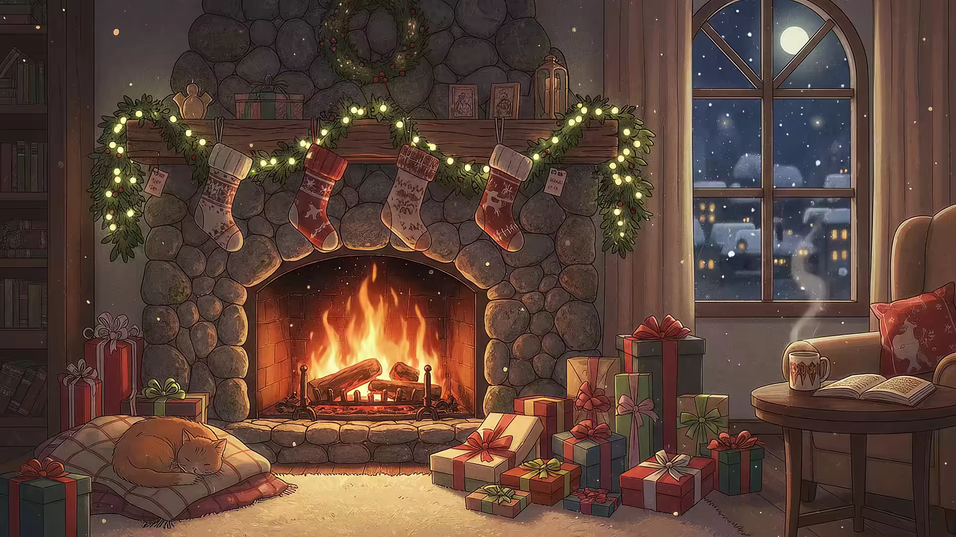 Cozy Fireplace Cat Snowy Night 4K Gif Wallpaper