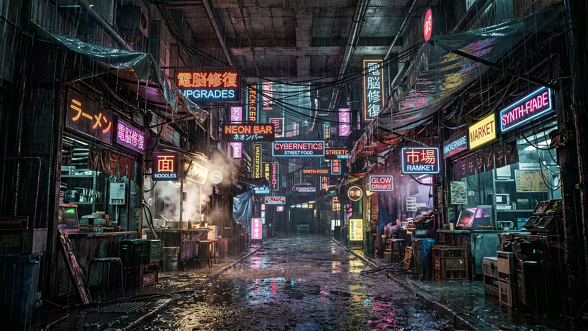 Cyberpunk Market Rain 4K Gif Wallpaper