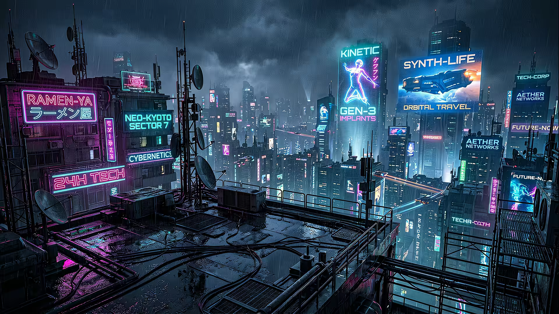 Cyberpunk Rooftop Overview 4K Gif Wallpaper