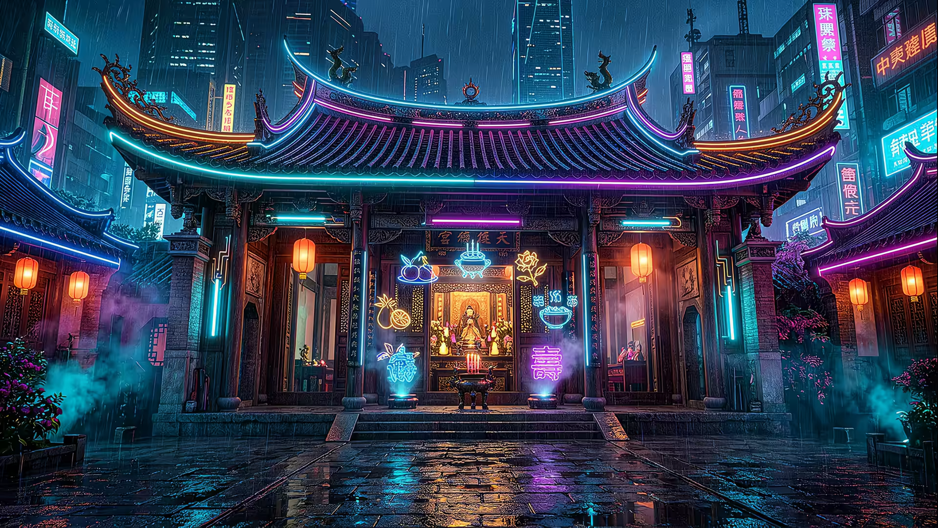 Cyberpunk Temple Neon 4K Gif Wallpaper