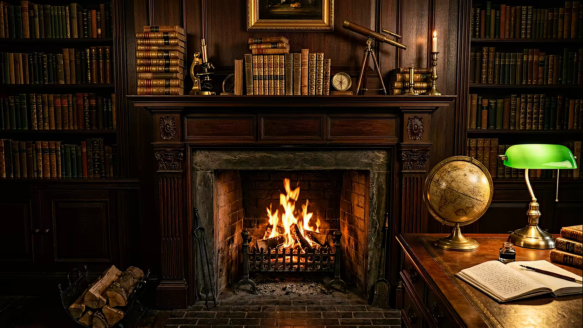 Dark Academia Study Fireplace 4K Gif Wallpaper