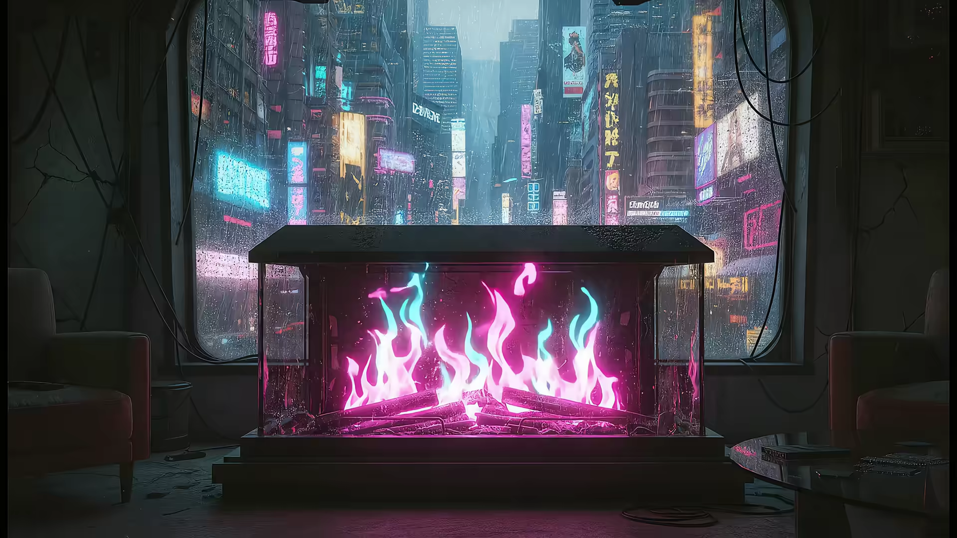 Cyberpunk Neon Fireplace 4K Gif Wallpaper
