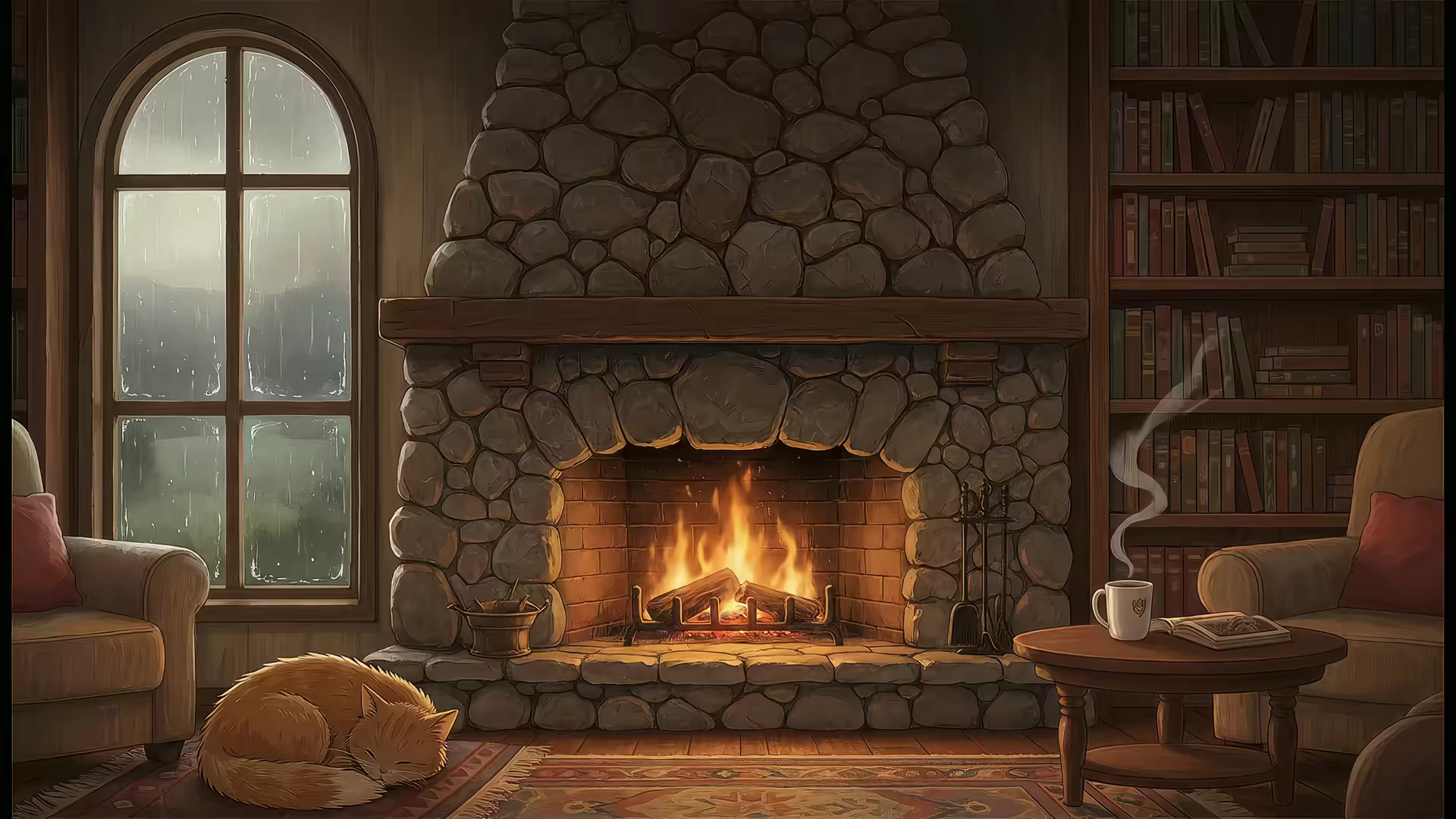 Lofi Anime Fireplace 4K Gif Wallpaper