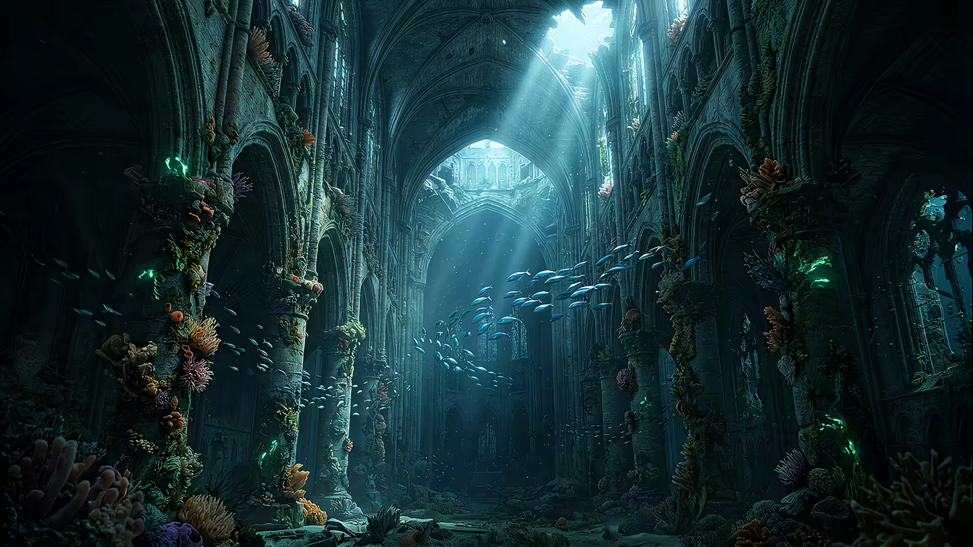 Gothic Cathedral Underwater 4K Gif Wallpaper