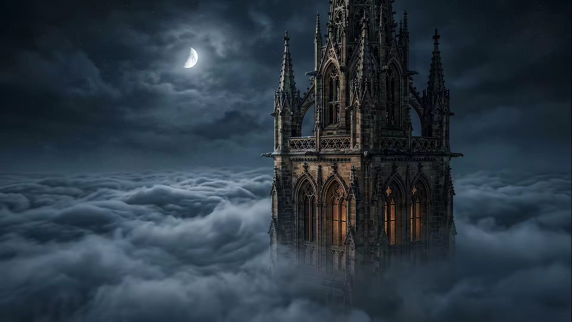 Gothic Clocktower Fog 4K Gif Wallpaper