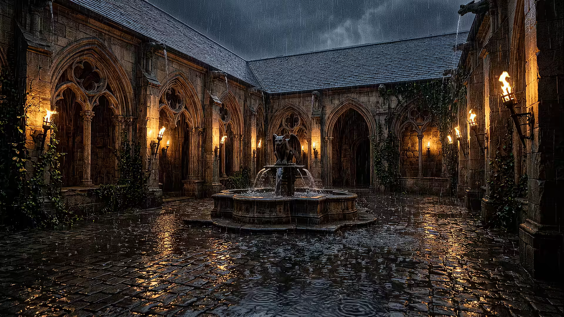 Gothic Courtyard Rain 4K Gif Wallpaper