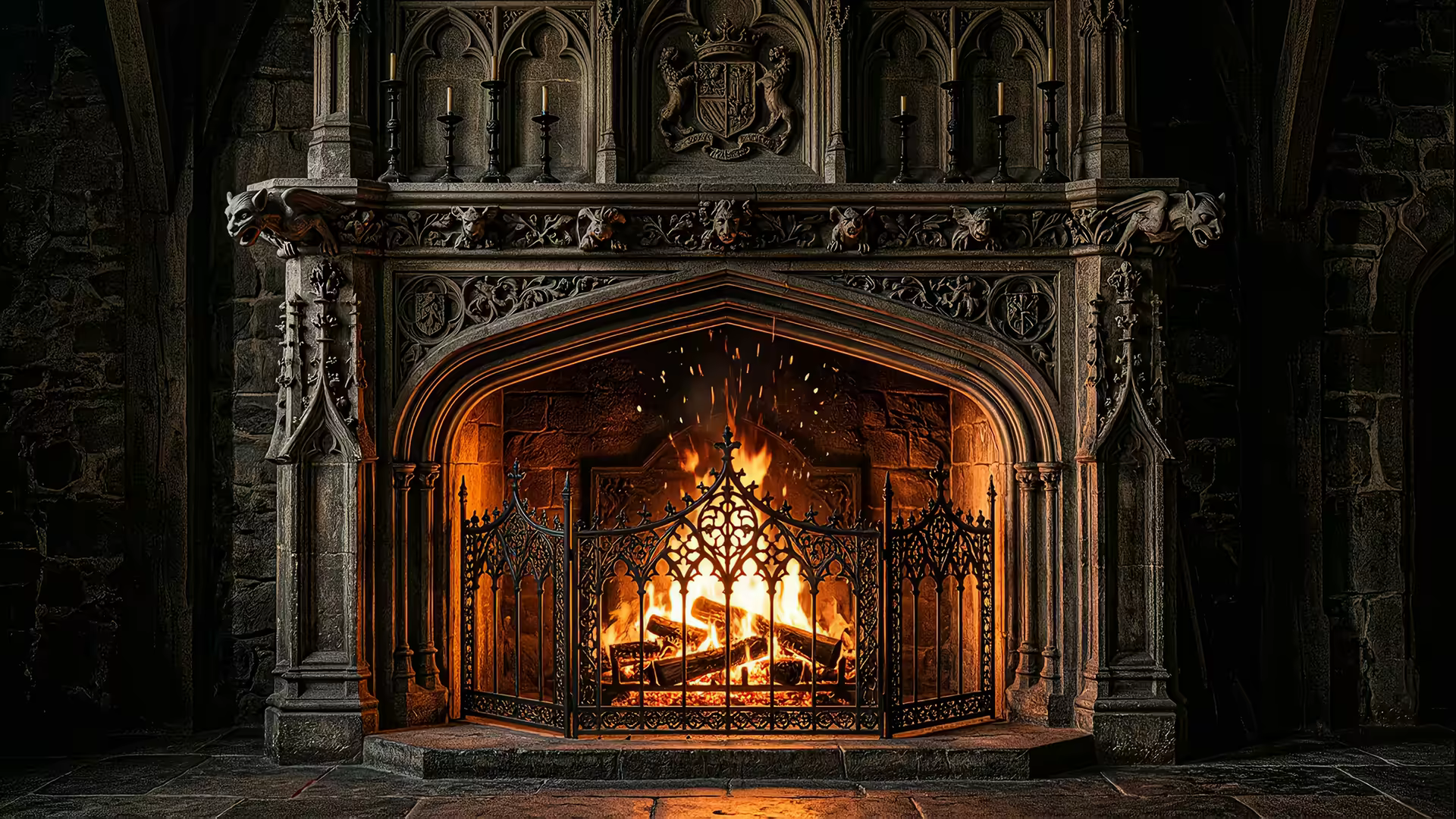 Gothic Fireplace Ornate 4K Gif Wallpaper