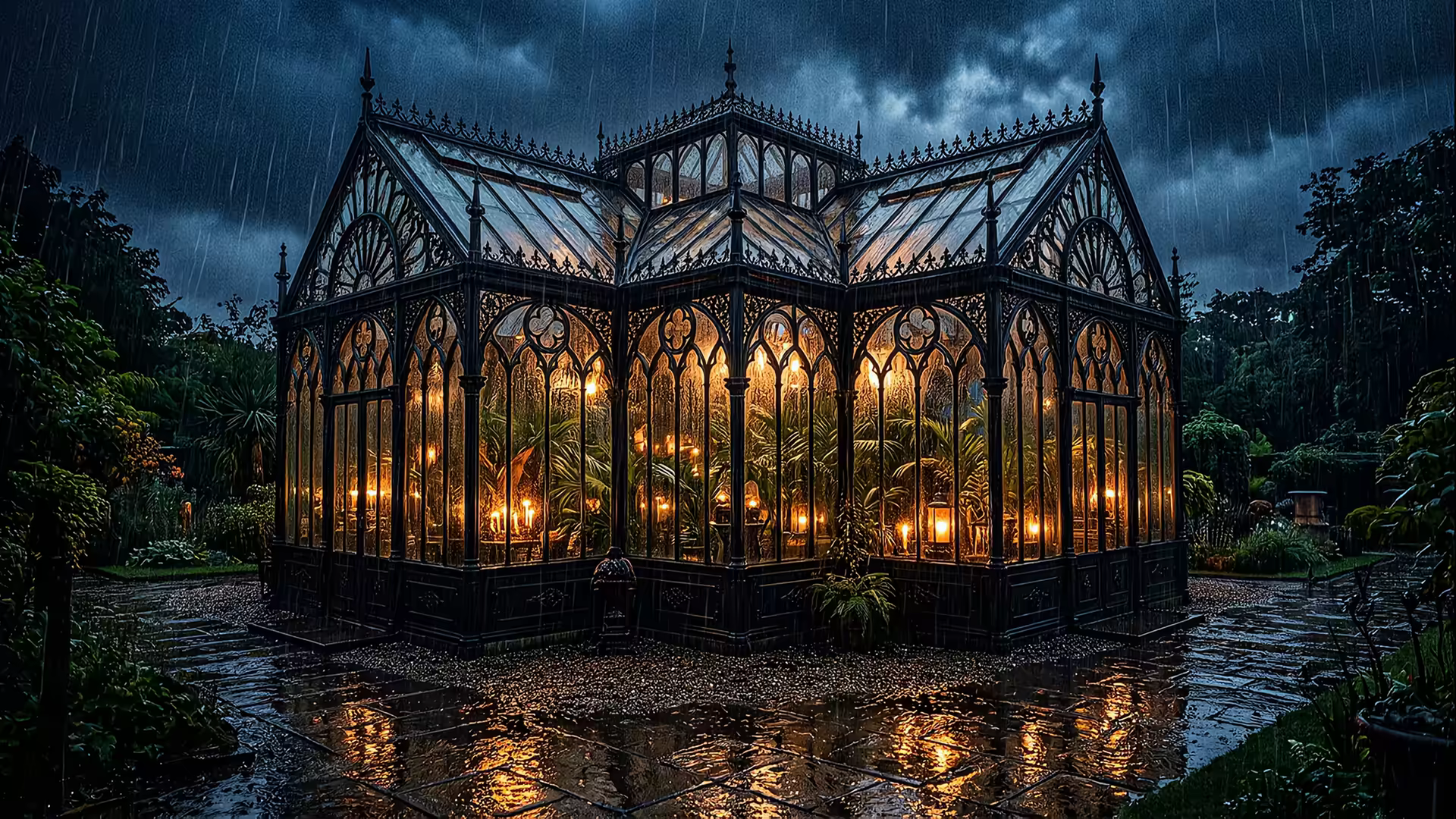 Gothic Greenhouse Rain 4K Gif Wallpaper