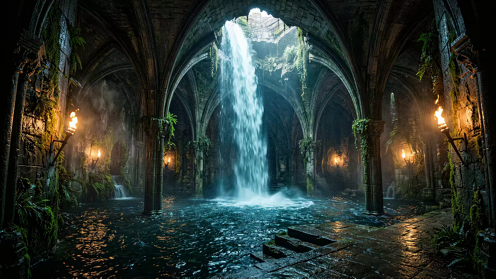 Gothic Waterfall Cave 4K Gif Wallpaper