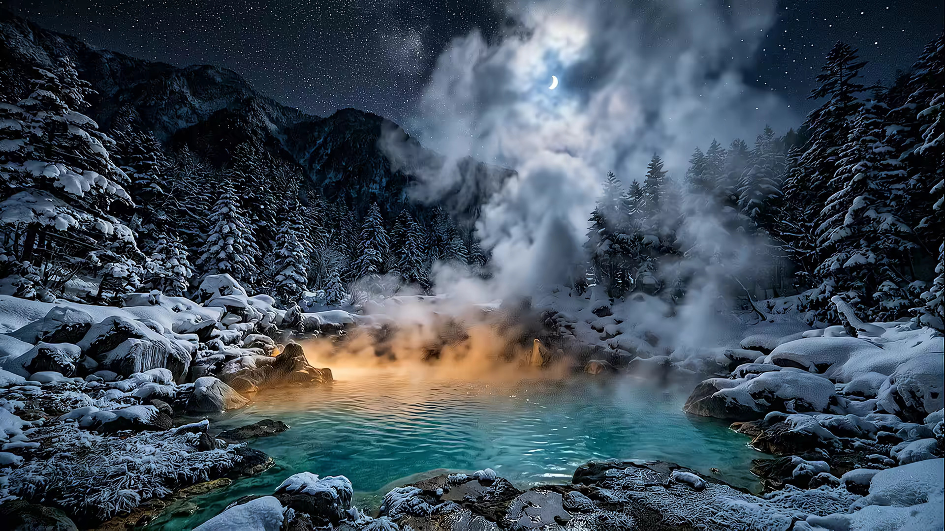 Hot Spring Mountain Snow 4K Gif Wallpaper
