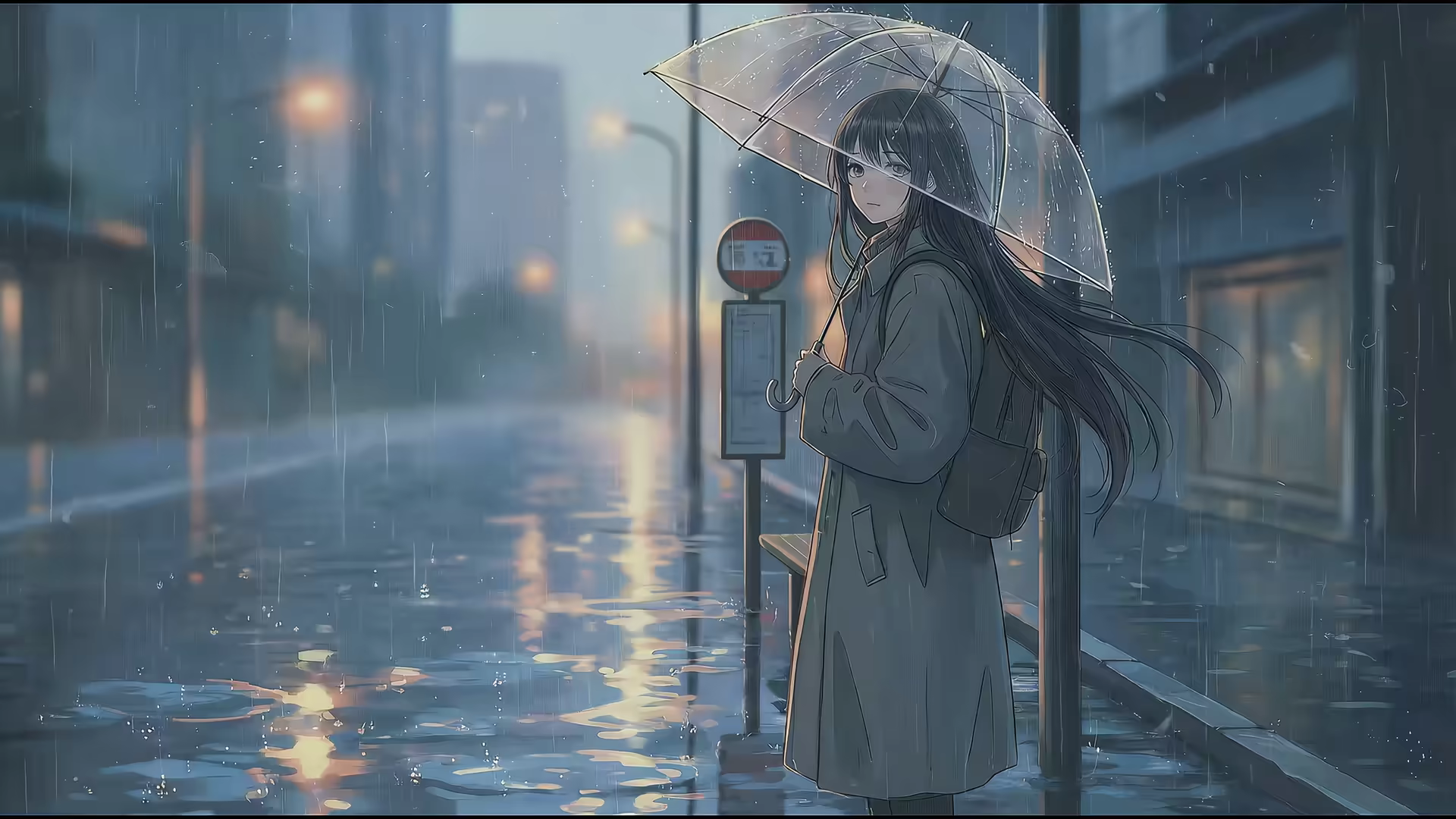 Lofi Bus Stop Rain 4K Gif Wallpaper