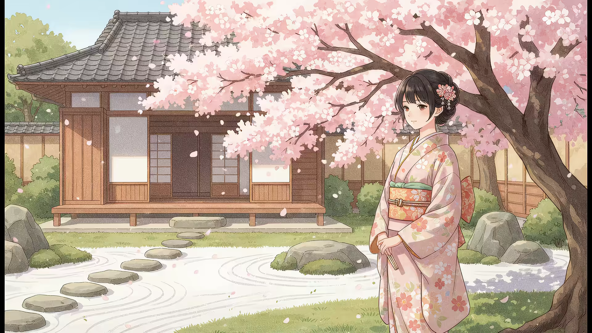 Lofi Japanese Kimono Cherry Blossom 4K Gif Wallpaper
