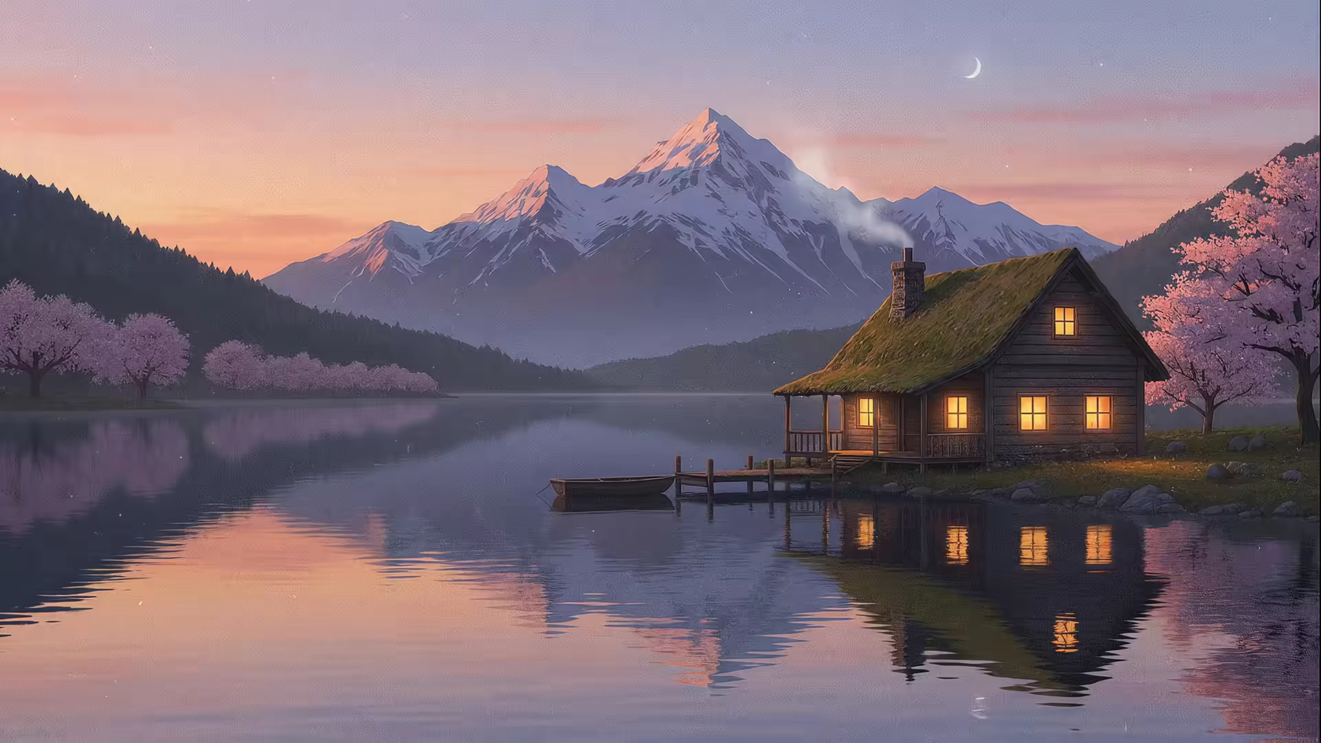 Lofi Lakeside Cabin 4K Gif Wallpaper