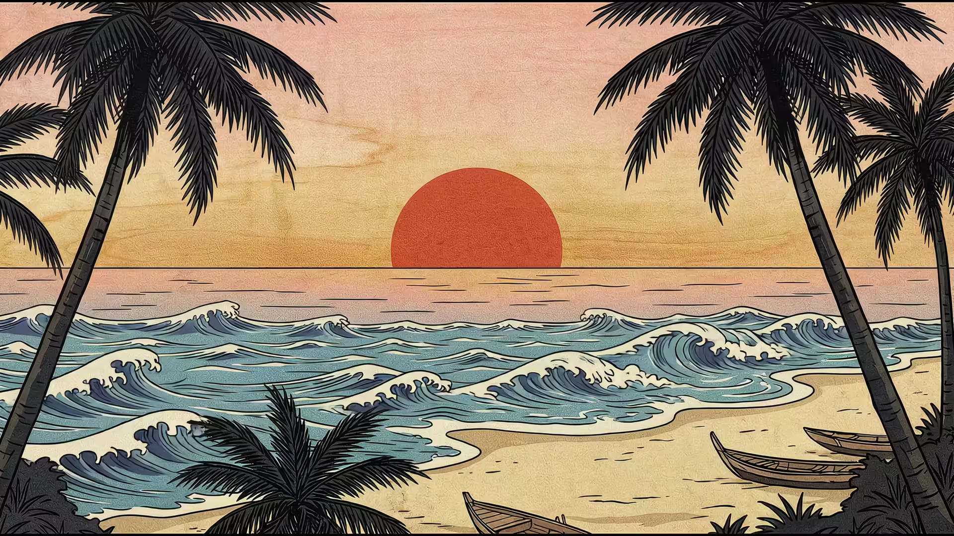 Beach Sunset Ukiyo-e 4K Gif Wallpaper