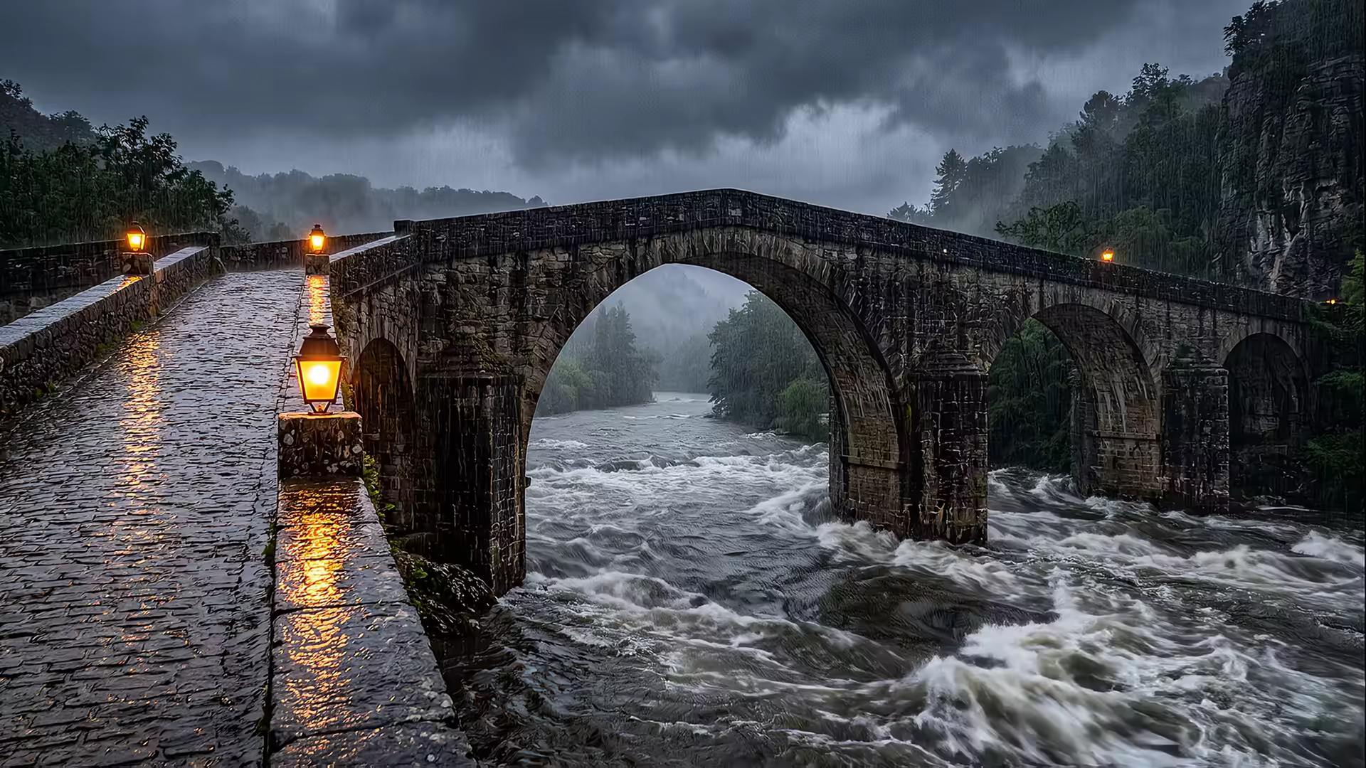 Rain Bridge River Stone 4K Gif Wallpaper