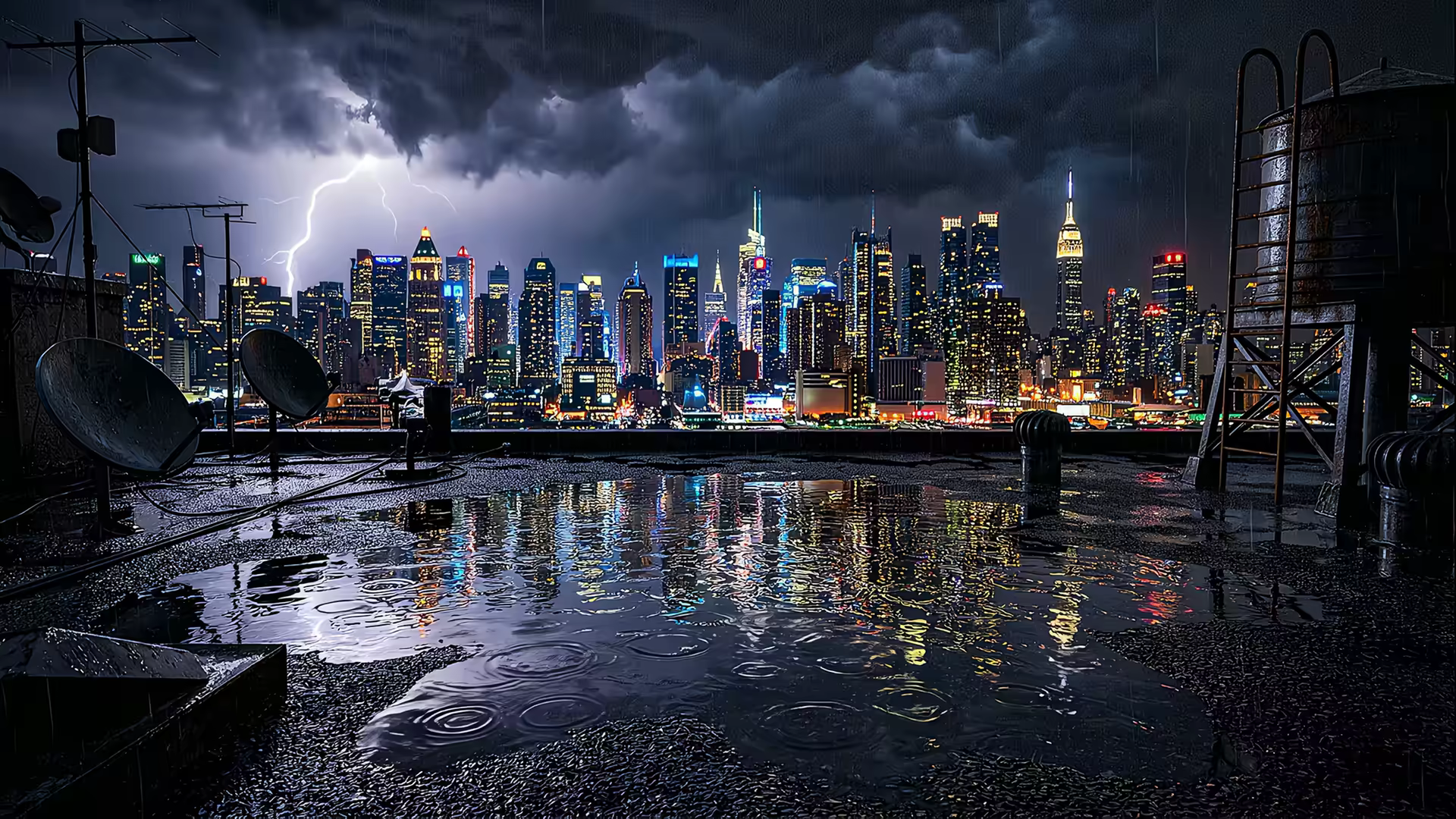 Rain Rooftop Puddle City 4K Gif Wallpaper