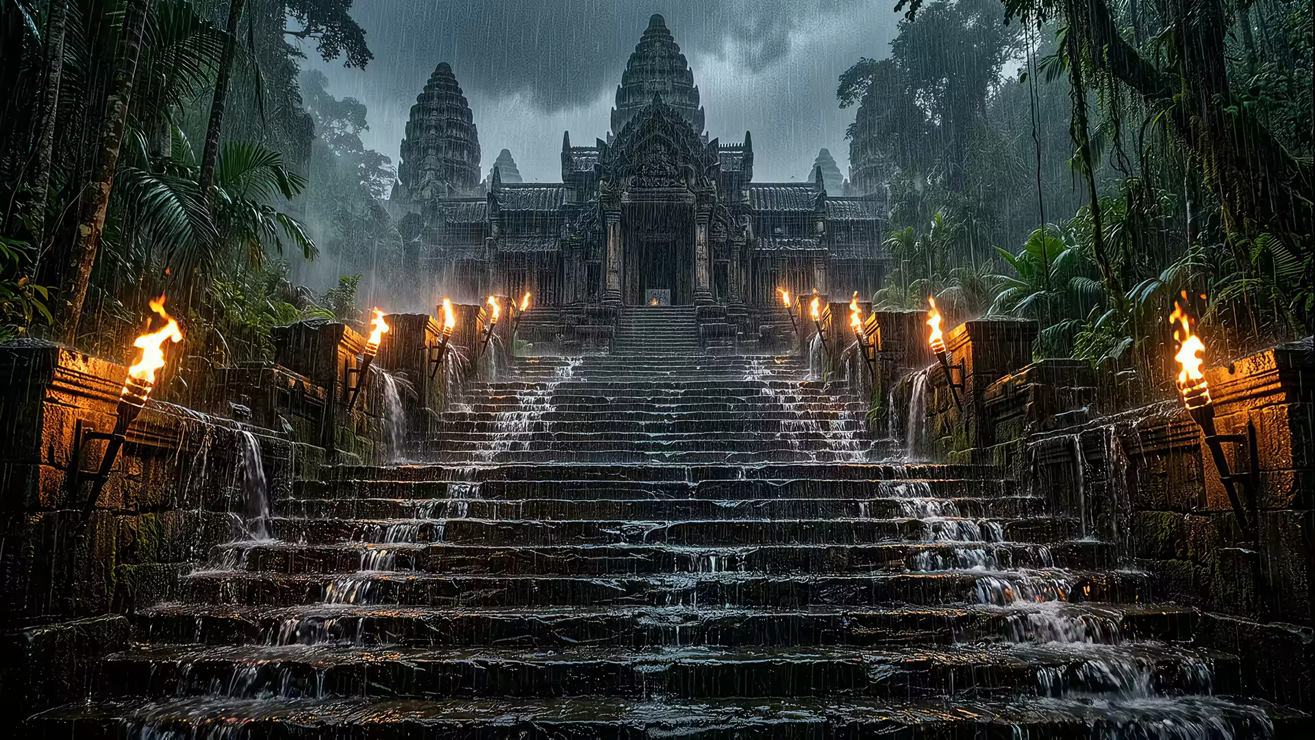 Rain Temple Steps Torches 4K Gif Wallpaper