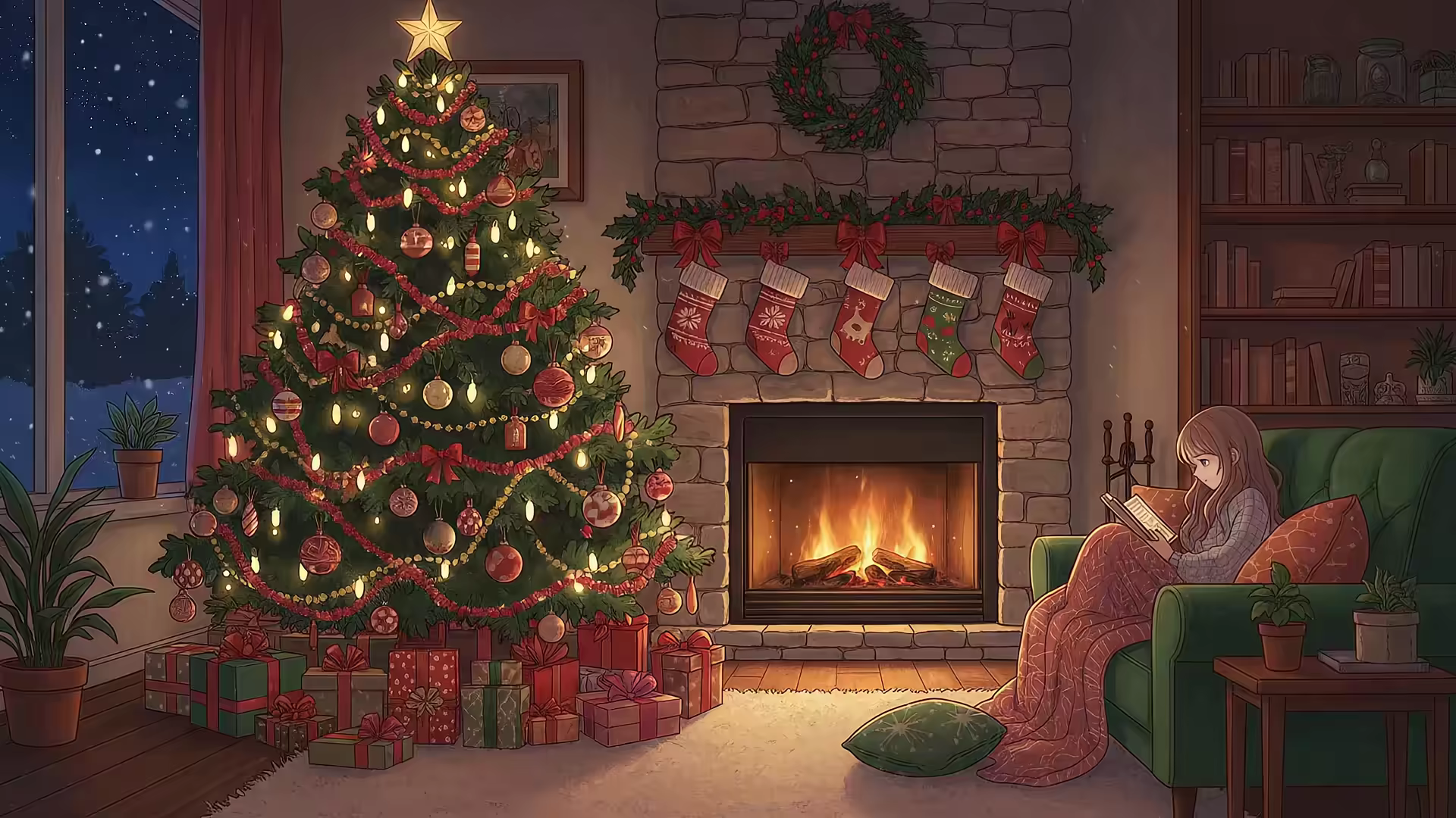Reading by Christmas Tree Fireplace 4K Gif Wallpaper