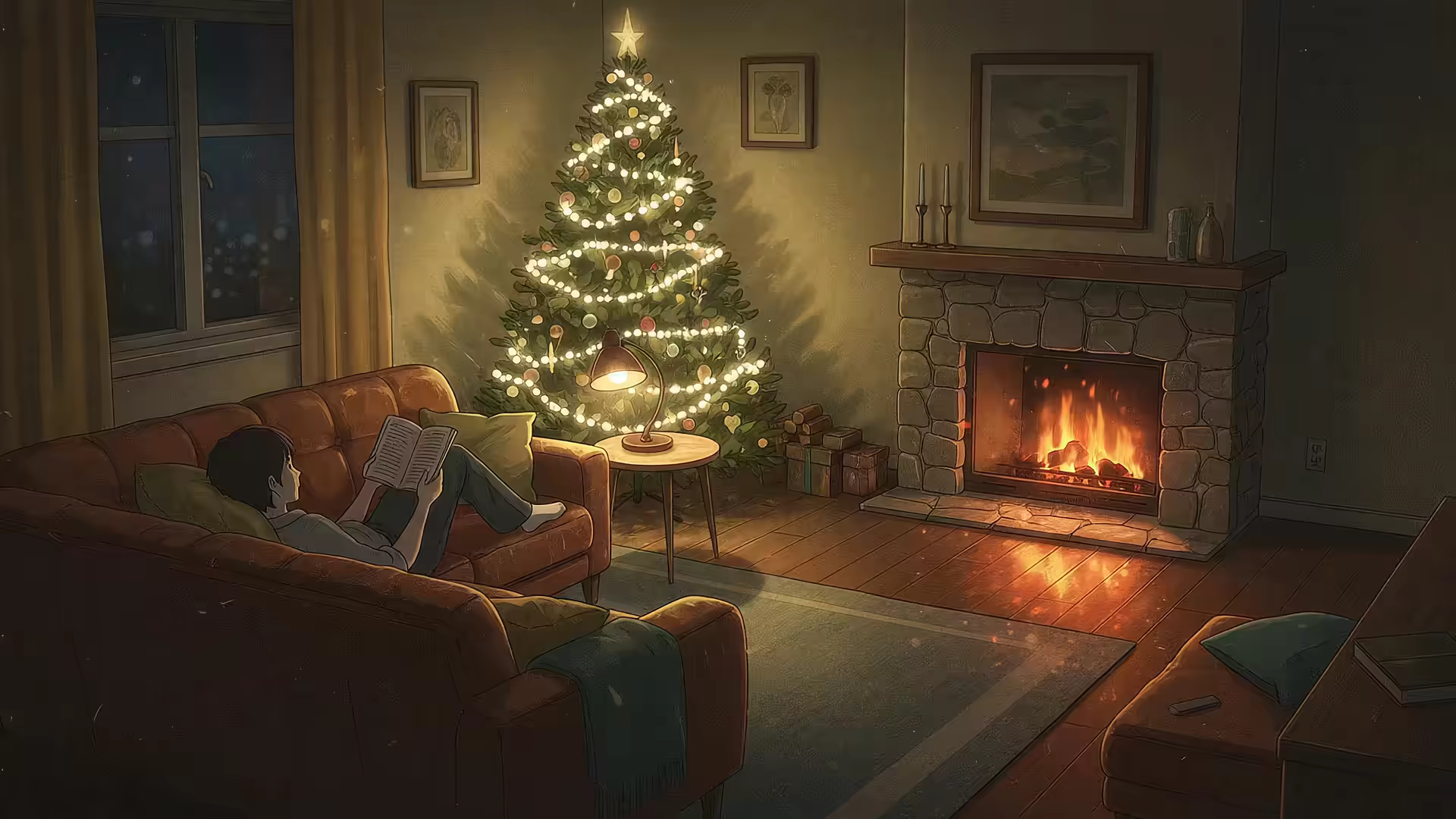 Reading by Fireplace Christmas Tree 4K Gif Wallpaper
