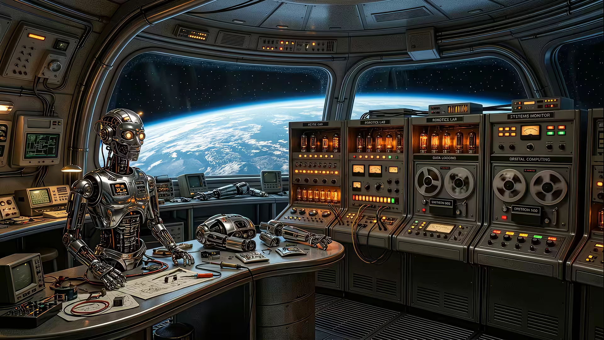 Retro Futurism Robot Lab 4K Gif Wallpaper
