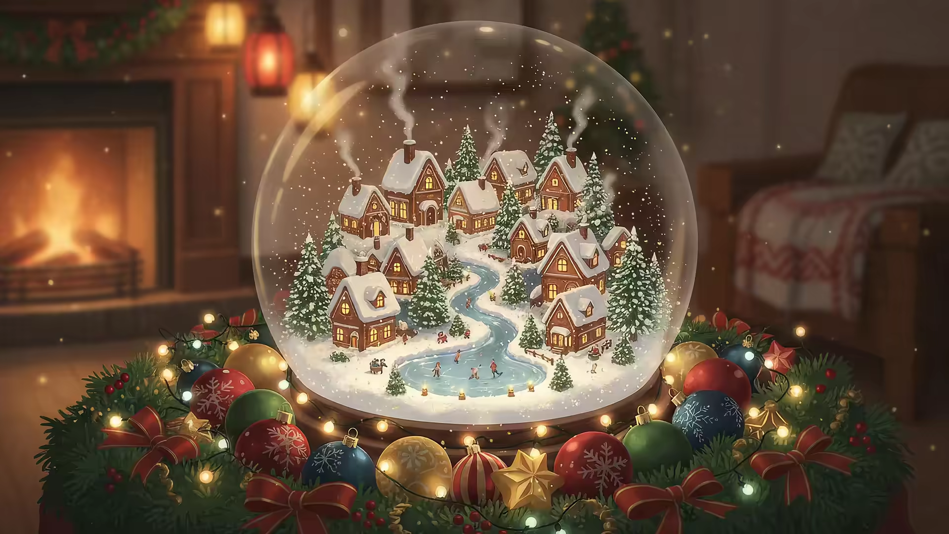 Snowglobe Fireplace Christmas Garland 4K Gif Wallpaper