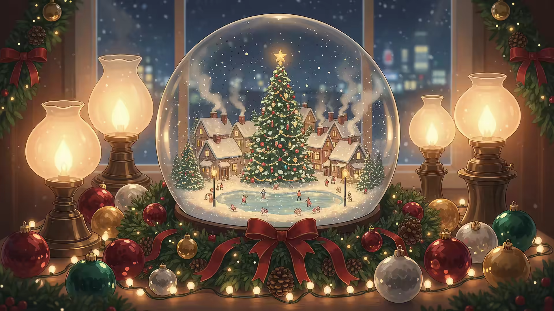 Snowglobe Village Oil Lamps 4K Gif Wallpaper