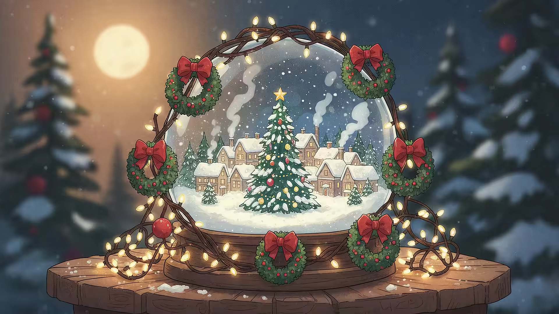 Snowglobe Village Wreaths Moonlight 4K Gif Wallpaper
