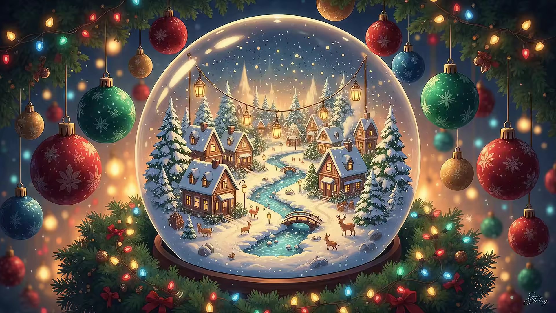 Snowglobe Winter Village Deer 4K Gif Wallpaper