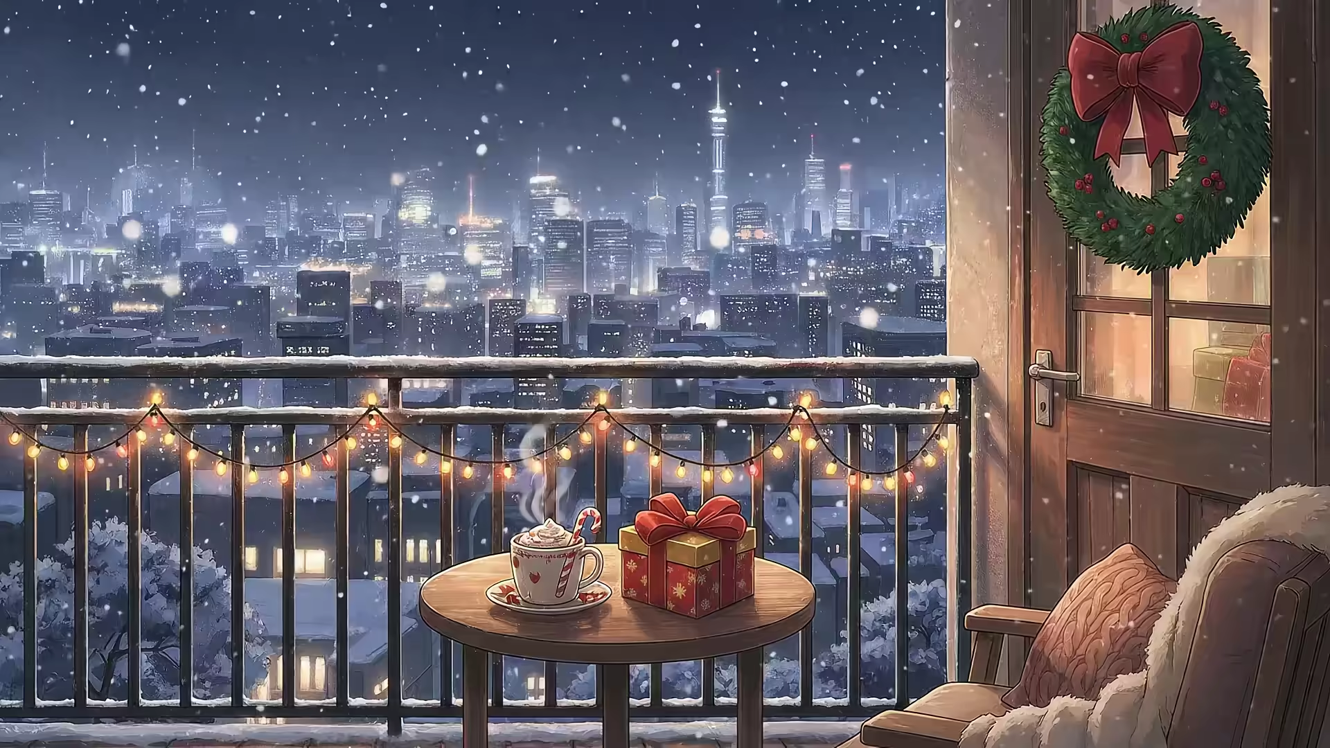 Snowy Balcony Armchair City Lights 4K Gif Wallpaper