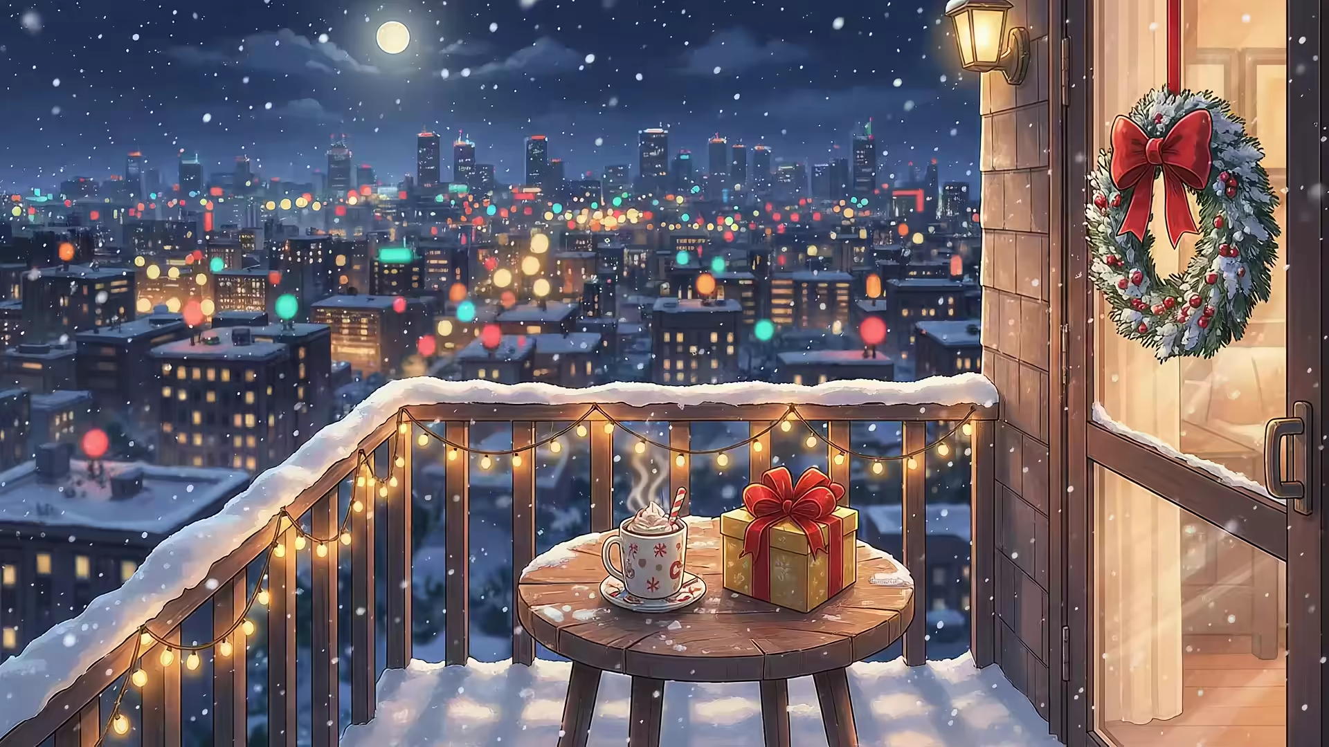 Snowy City Balcony Hot Cocoa 4K Gif Wallpaper