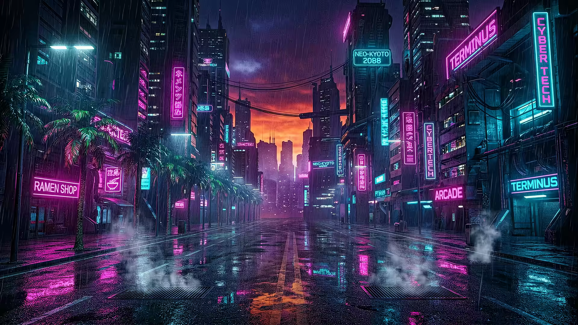 Synthwave City Rain 4K Gif Wallpaper