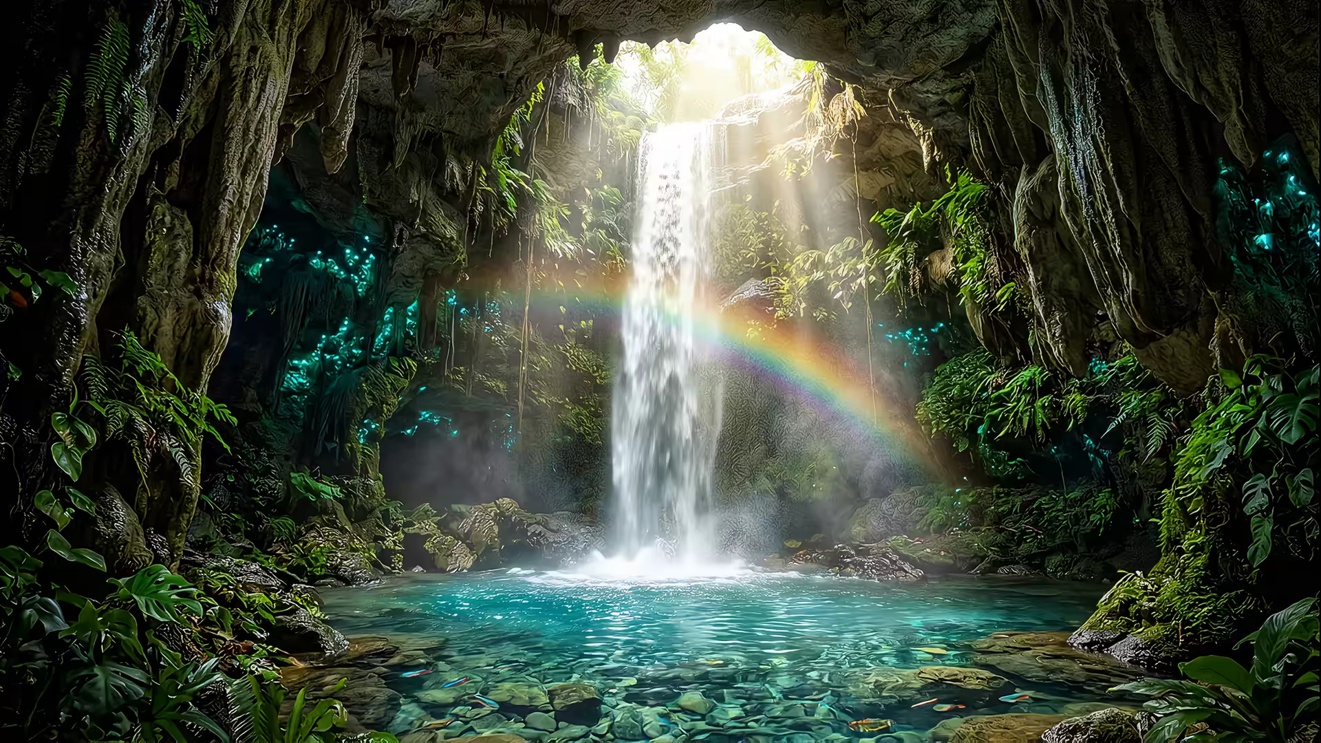 Tropical Waterfall Cave 4K Gif Wallpaper