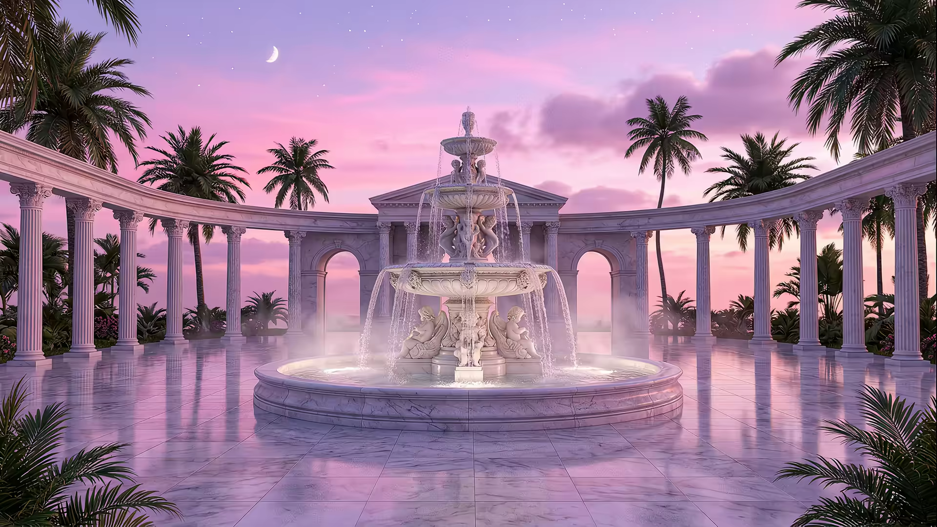 Vaporwave Plaza Fountain 4K Gif Wallpaper