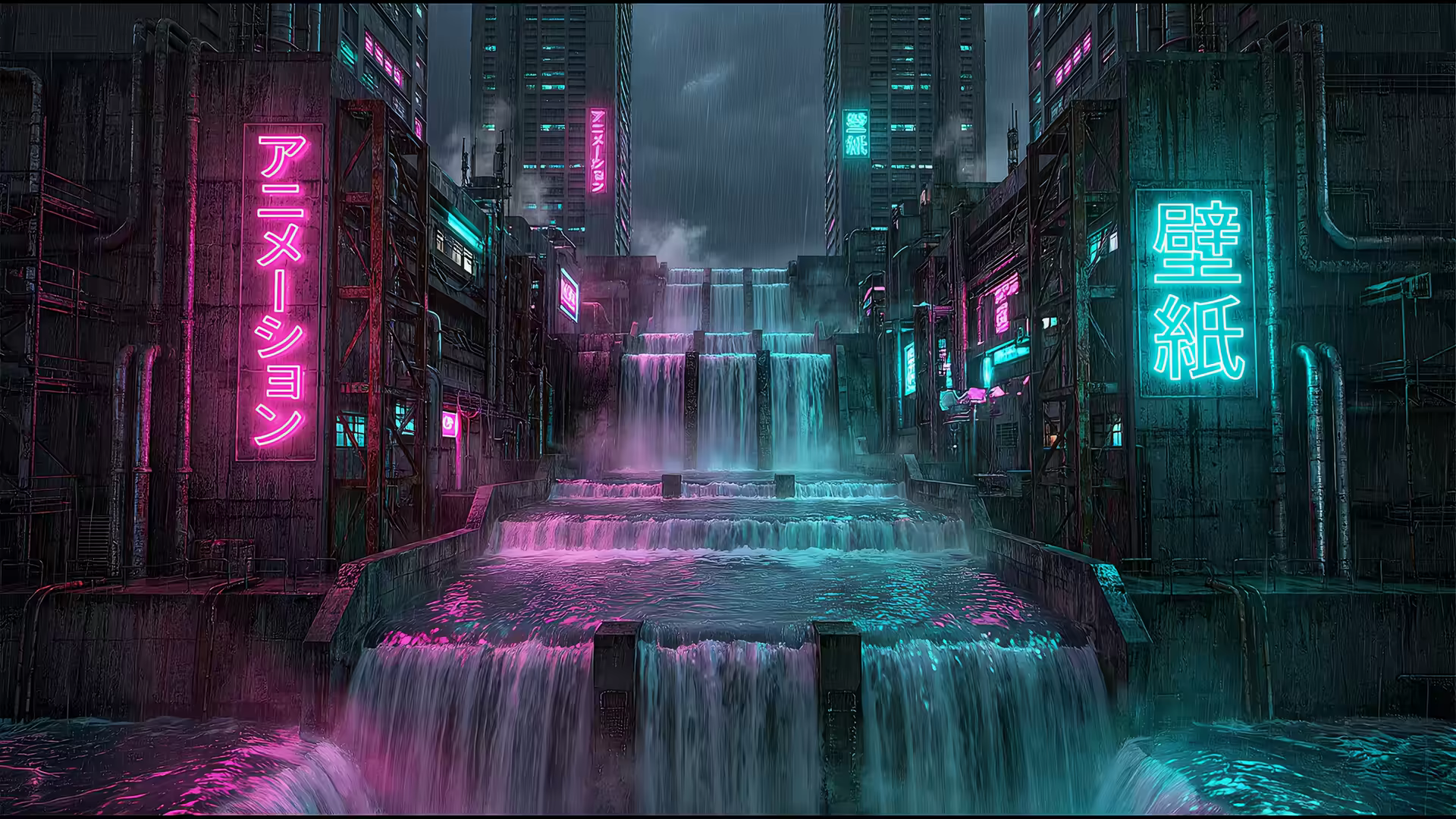Waterfall Cascade Cyberpunk 4K Gif Wallpaper