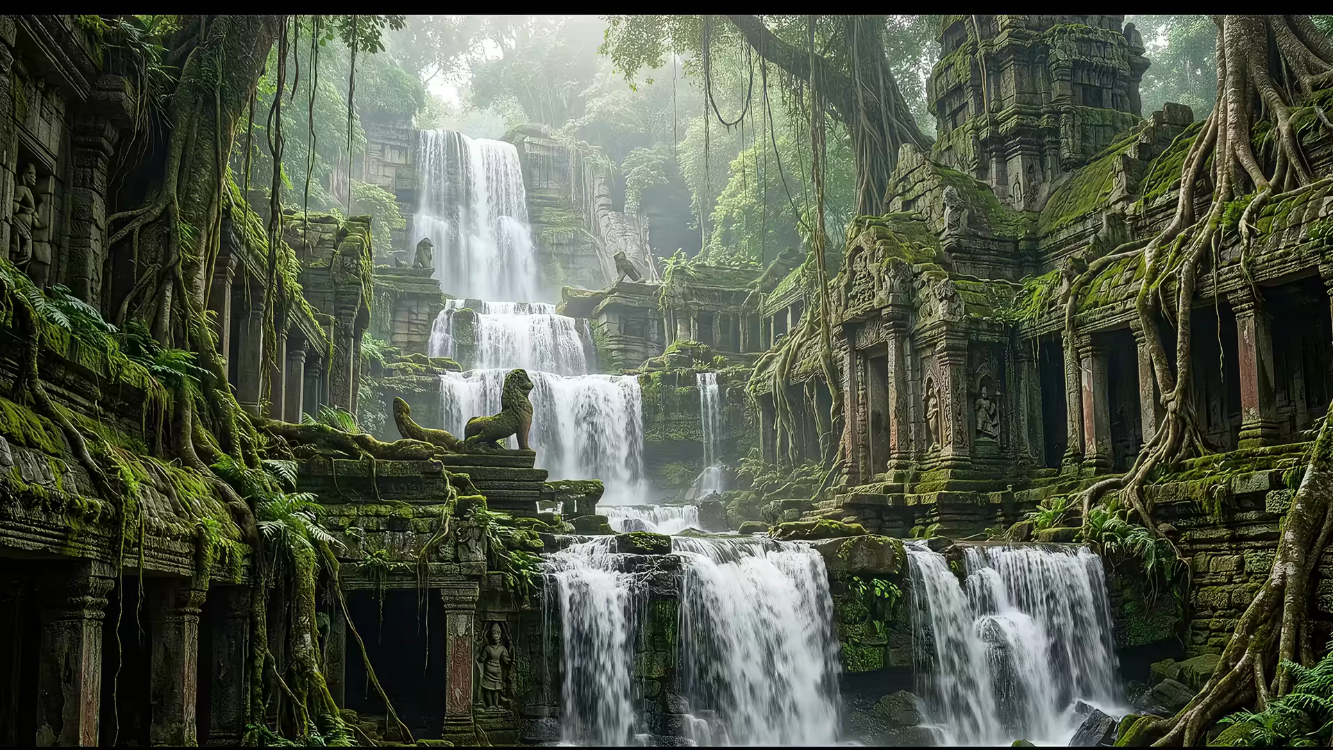 Waterfall Cascade Ruins 4K Gif Wallpaper