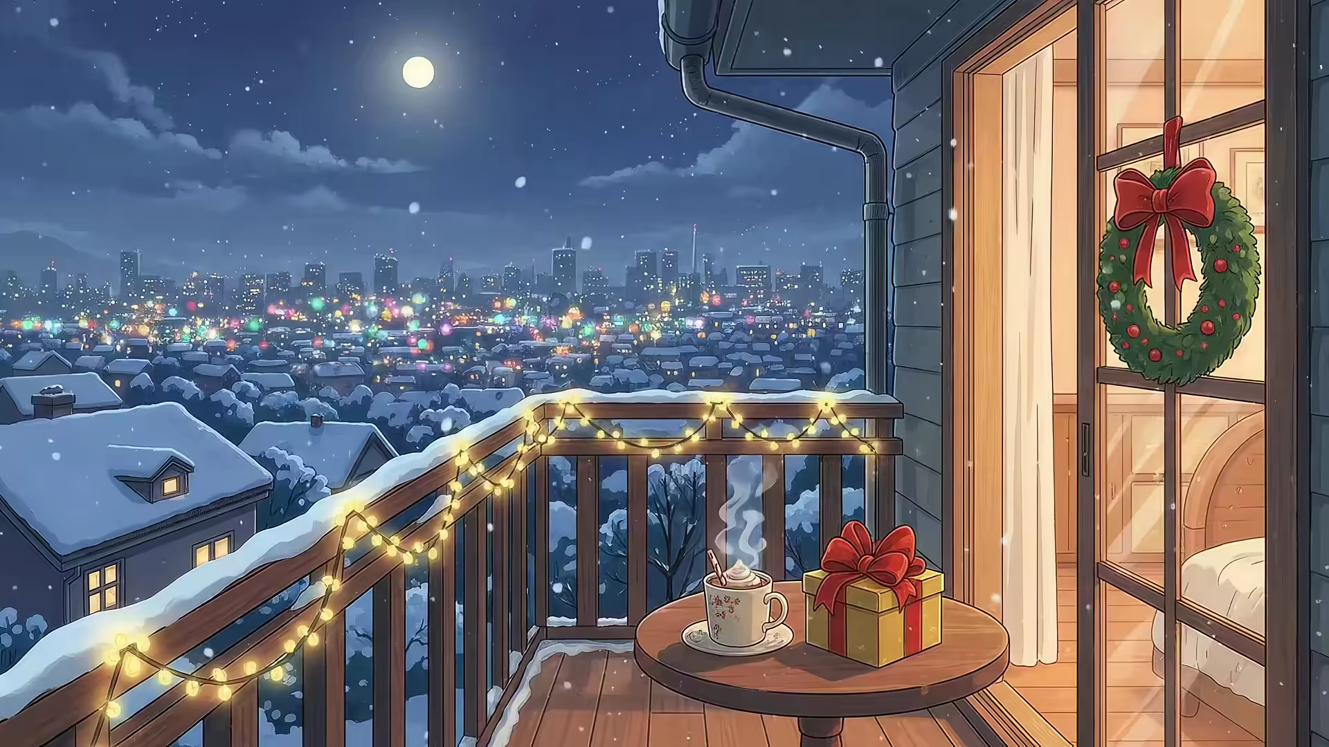 Winter Balcony Cityscape Moonlight 4K Gif Wallpaper
